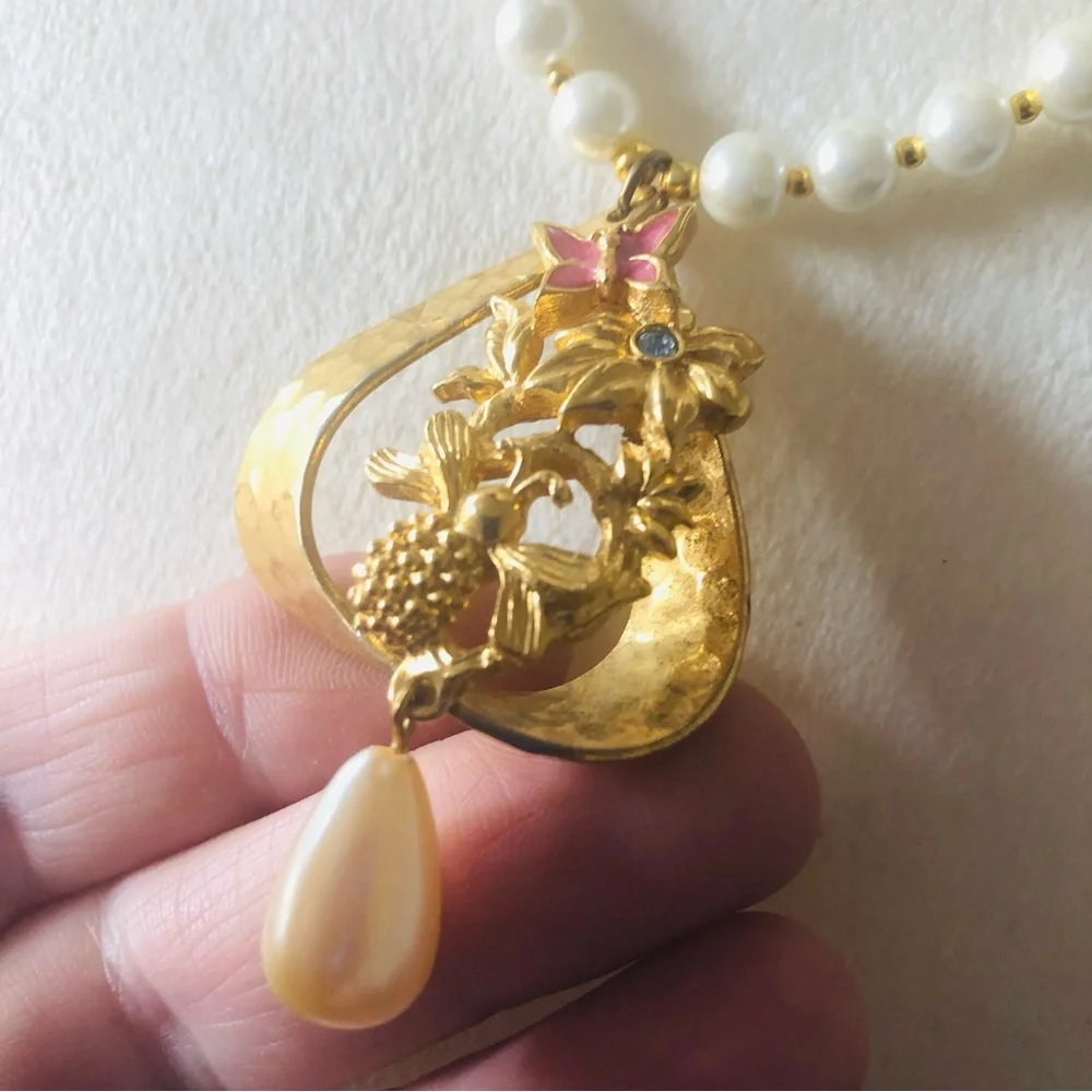 Handcrafted repurpose hammered gold floral pendant Czech glass Pearl necklace